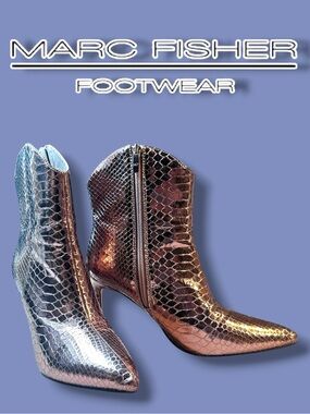 MARC FISHER Womens Silver Croc Revati2 Pointed Toe Stiletto Booties. Size 8